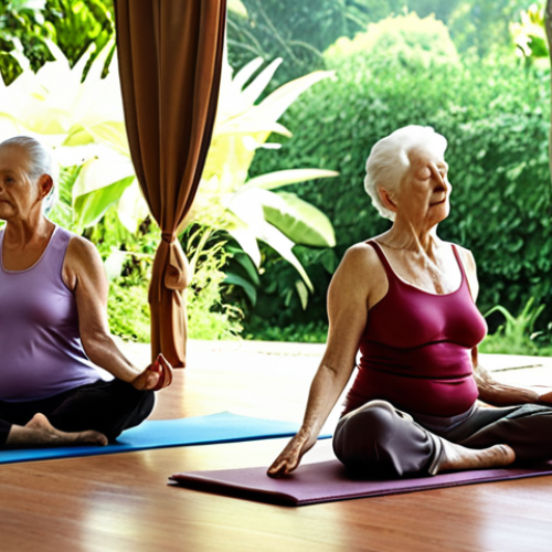 Home 19 **Prompt:** "A serene Yogashram setting with elderly individuals engaged in gentle yoga exercises, surrounded by lush greenery and attentive caregivers, with a focus on holistic well-being and peaceful aging."