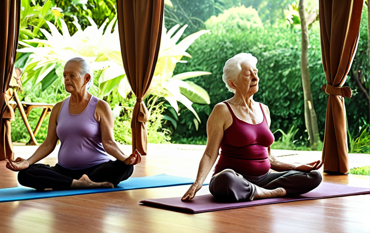 **Prompt:** "A serene Yogashram setting with elderly individuals engaged in gentle yoga exercises, surrounded by lush greenery and attentive caregivers, with a focus on holistic well-being and peaceful aging."