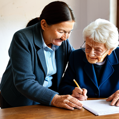 Home 8 **
"A professional social worker assisting an elderly woman with her pension application at a rural village office, appropriate content, fully clothed, modest clothing, safe for work, family-friendly, natural pose, perfect anatomy, well-formed hands, bright daylight, positive atmosphere, focusing on compassion and support, high quality."
**