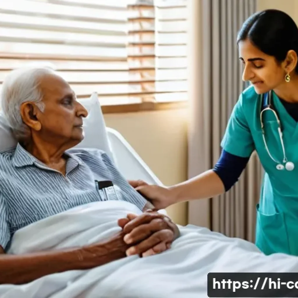 말기암 환자 요양 시설 - A compassionate scene in a palliative care setting in India, showing a middle-aged Indian woman nurs...