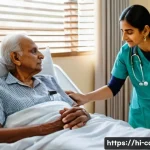 말기암 환자 요양 시설 - A compassionate scene in a palliative care setting in India, showing a middle-aged Indian woman nurs...