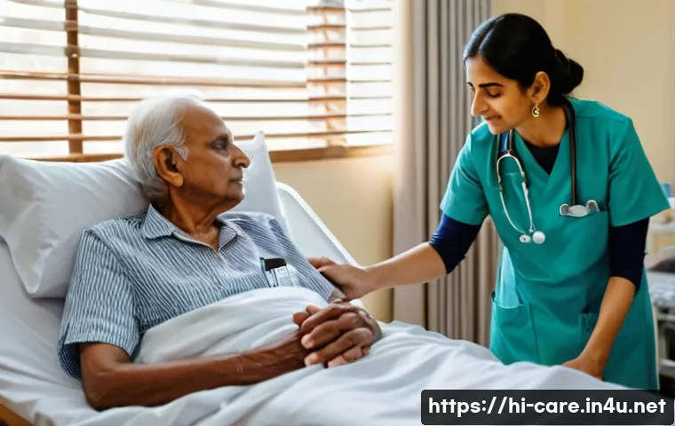 말기암 환자 요양 시설 - A compassionate scene in a palliative care setting in India, showing a middle-aged Indian woman nurs...