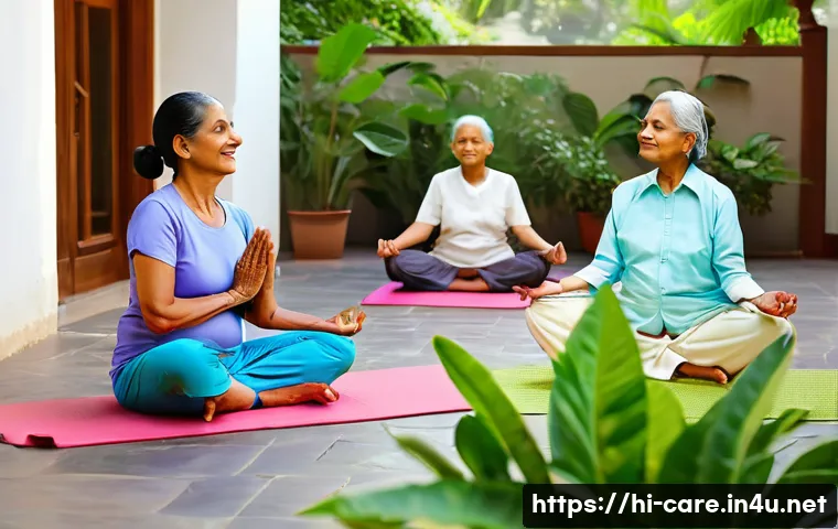 노인성 질환 관리 요양병원 - A serene nursing home setting in India featuring elderly Hindi-speaking individuals engaged in group...