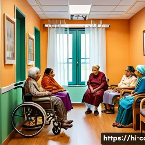 Home 32 치매 환자 요양병원 서비스 비교 - A warm and inviting dementia care center room with specially trained staff assisting elderly Hindi-s...