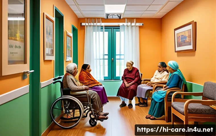 치매 환자 요양병원 서비스 비교 - A warm and inviting dementia care center room with specially trained staff assisting elderly Hindi-s...