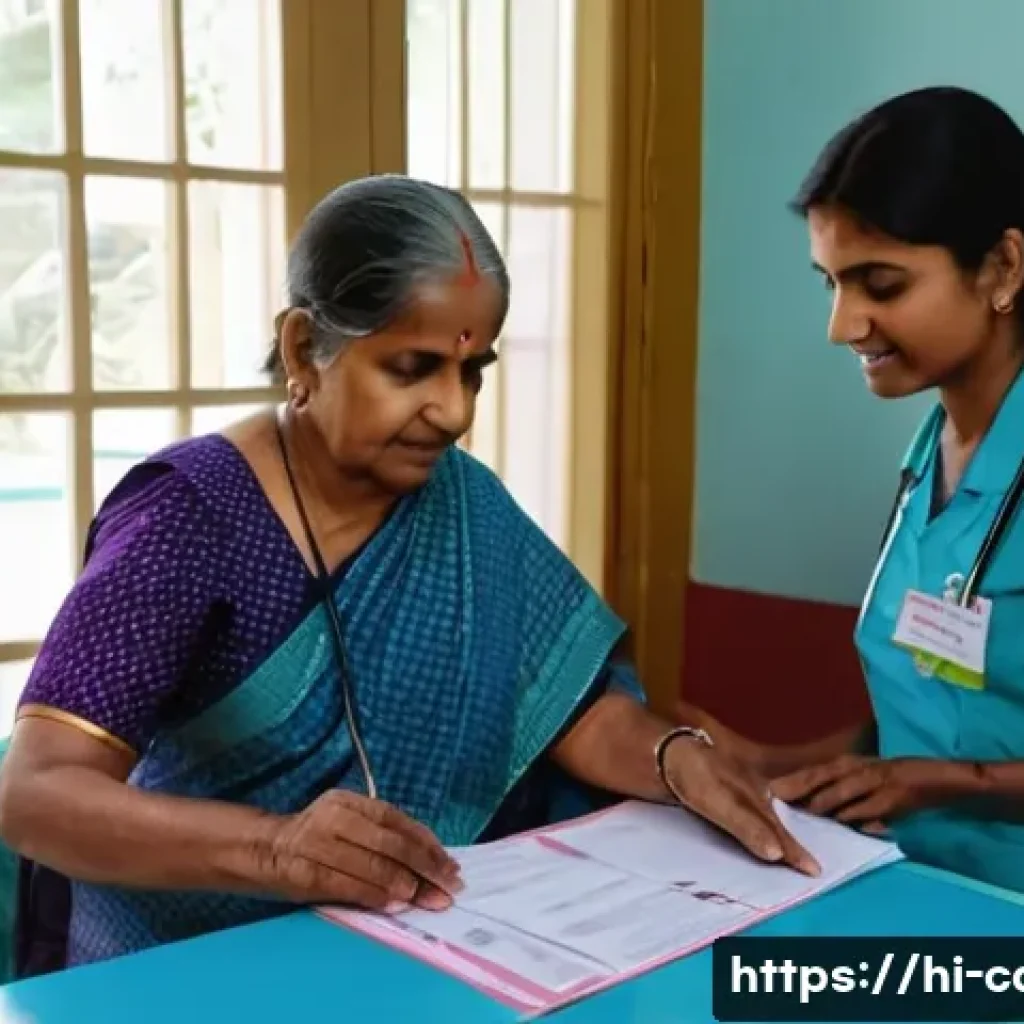 요양병원 입소 전 준비사항 - A warm and organized scene inside a nursing home reception area in India, featuring a middle-aged In...