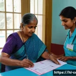 Home 19 요양병원 입소 전 준비사항 - A warm and organized scene inside a nursing home reception area in India, featuring a middle-aged In...