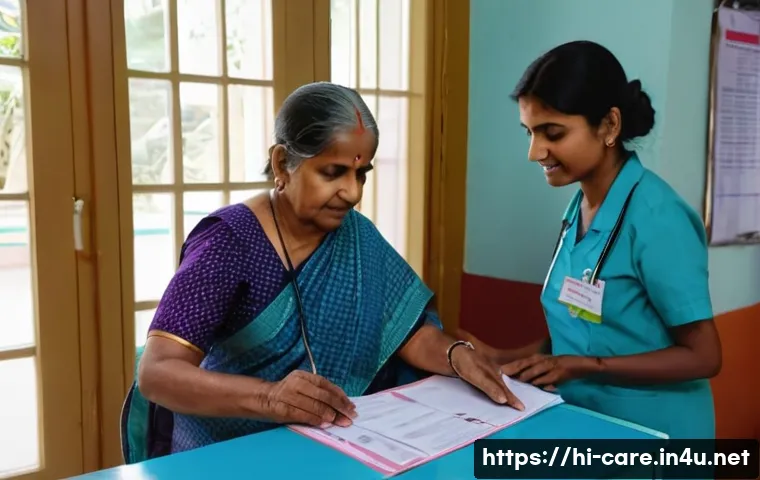 요양병원 입소 전 준비사항 - A warm and organized scene inside a nursing home reception area in India, featuring a middle-aged In...
