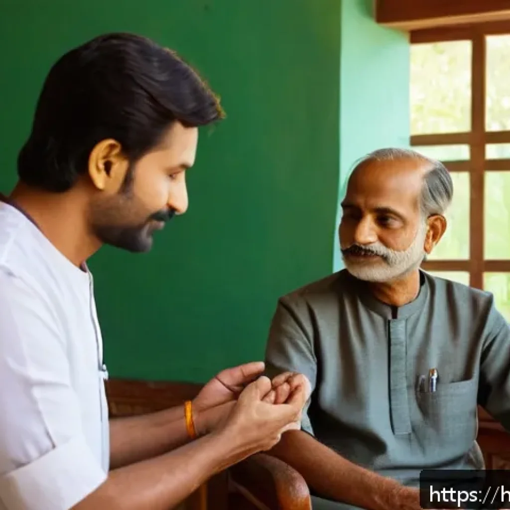 요양병원에서 가능한 검사 항목 - A serene Ayurvedic clinic scene showing a skilled practitioner gently feeling the wrist pulse of a m...