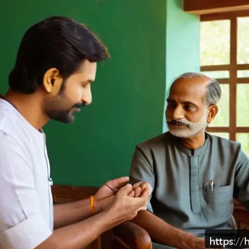 Home 29 요양병원에서 가능한 검사 항목 - A serene Ayurvedic clinic scene showing a skilled practitioner gently feeling the wrist pulse of a m...