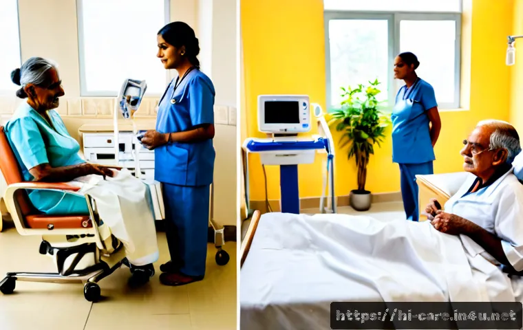 요양병원과 요양원의 차이 - Photorealistic split-scene comparison in a modern Indian healthcare setting: on the left, an elderly...
