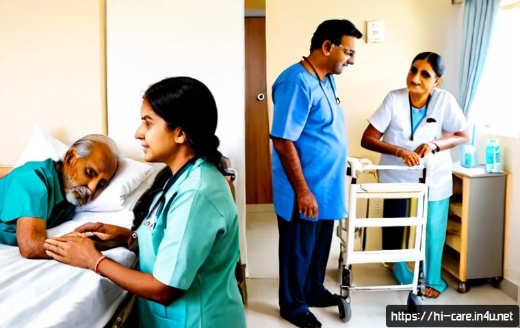 노인 요양병원과 호스피스 비교 - Photorealistic split-scene comparison, left side an elderly Indian man receiving attentive medical c...